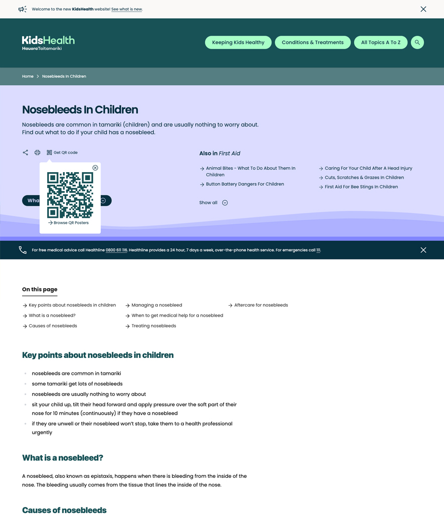 KidsHealth NZ website with QR code screengrab