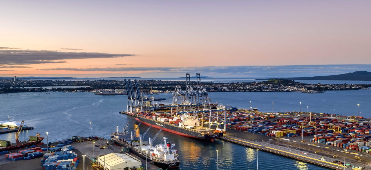 Port of Auckland ship at port with harbour in background