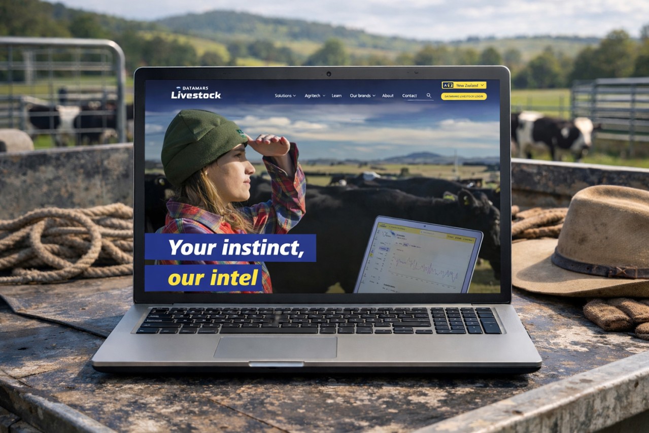 nz.livestock.datamars.com shown on a laptop on a ute on a farm