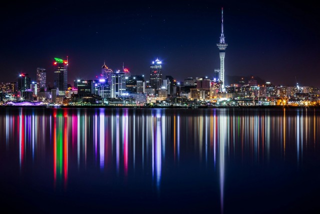 Auckland skyline and waterfront at night