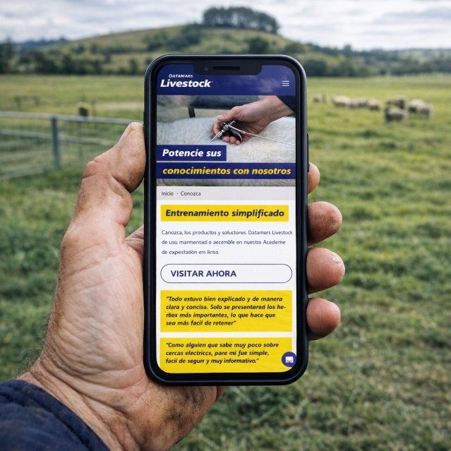Datamars website shown on a phone in a farmers hand